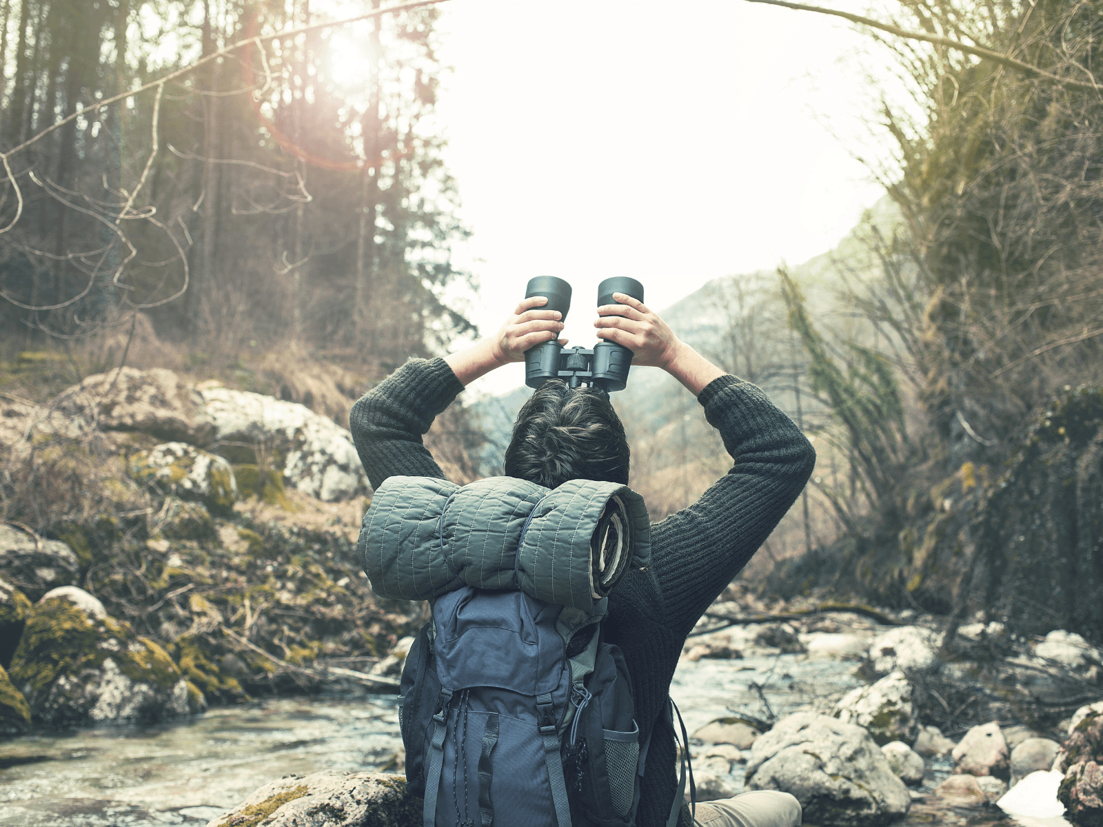 A hiker using binoculars while sitting by a stream in a forest.