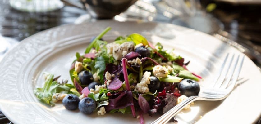 A colorful salad with greens, blueberries, and scattered toppings served on a white plate.
