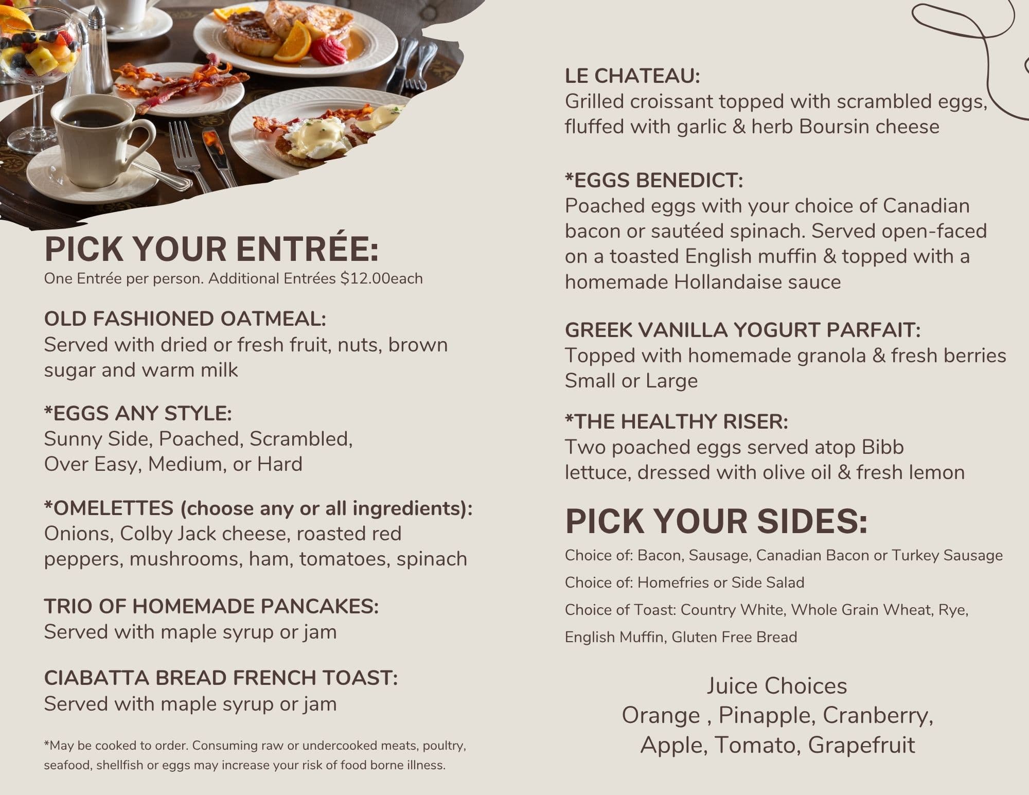 A menu displaying various breakfast entrées and sides, including oatmeal, eggs, omelettes, pancakes, and French toast.