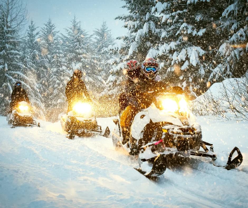Four snowmobiles navigate a snowy trail through a forest during a snowfall.