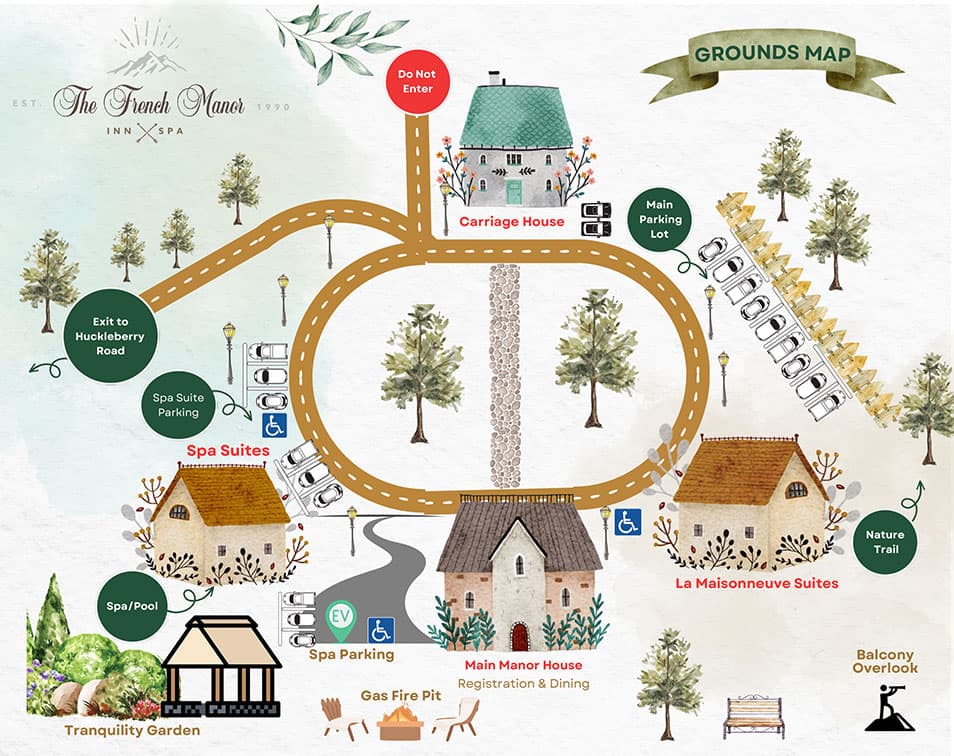 Map of The French Manor Inn & Spa grounds, detailing locations of the Carriage House, spa suites, parking areas, and nature trail.