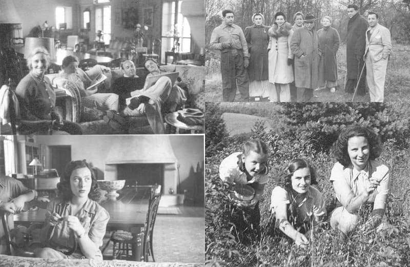 A collage of old black and white photos with people inside and oustide.
