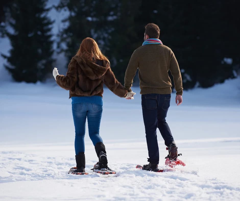 A couple walks hand-in-hand on snowshoes through a snowy landscape.