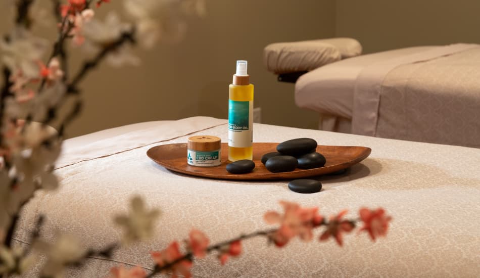 A spa setting with a wooden tray holding a jar of CBD cream and a bottle of CBD body oil. Smooth, black stones are arranged around the products. In the background, there is a massage table and a flowering branch.