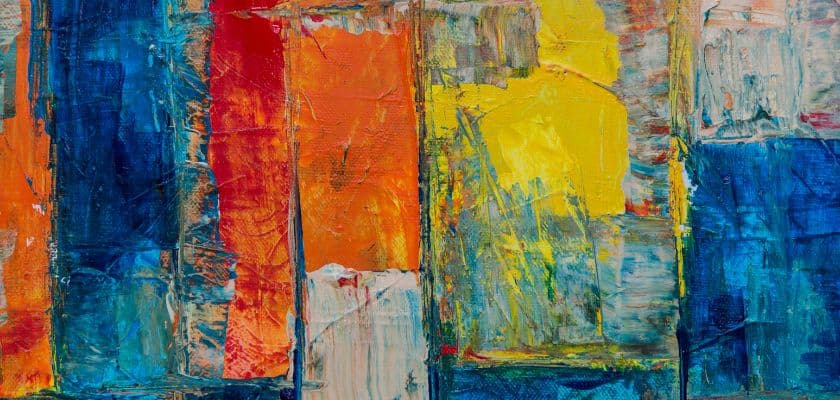An abstract painting featuring bold colors of blue, orange, yellow, and gray in textured strokes.