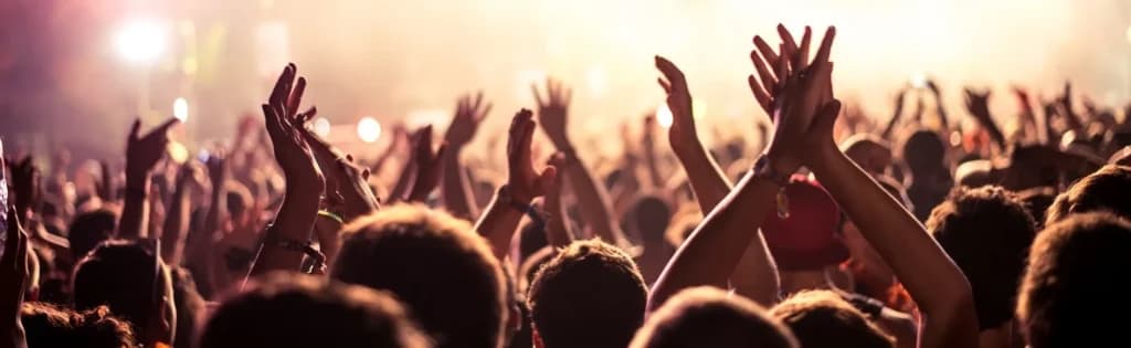 A group of people at a concert with their hands raised above their heads clapping.