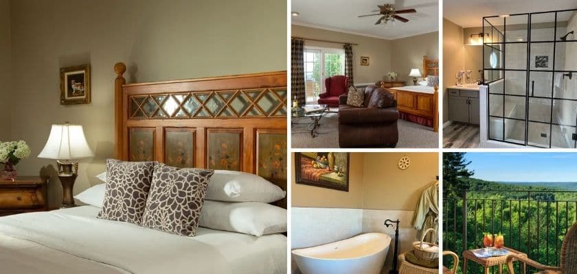 A collage showcasing a cozy bedroom, living area, modern bathroom, vintage decor, and a scenic outdoor view with refreshments.