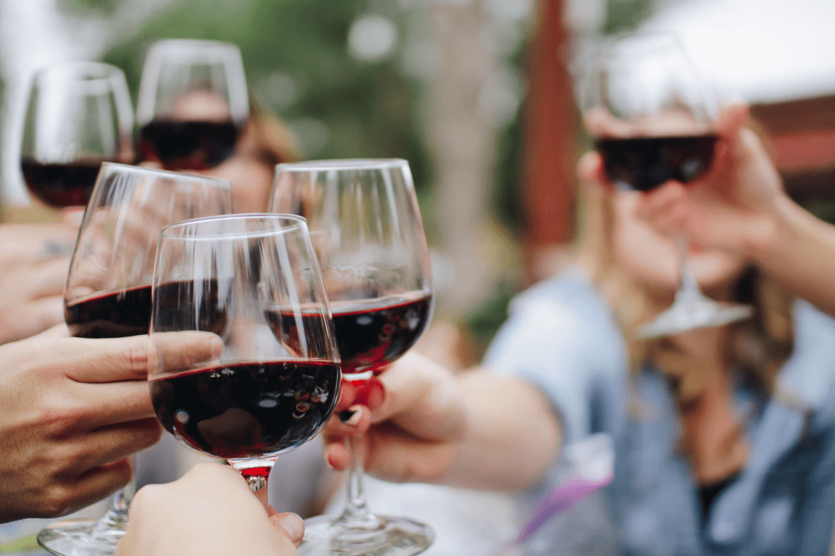 A group of people toasting with glasses of red wine outdoors.
