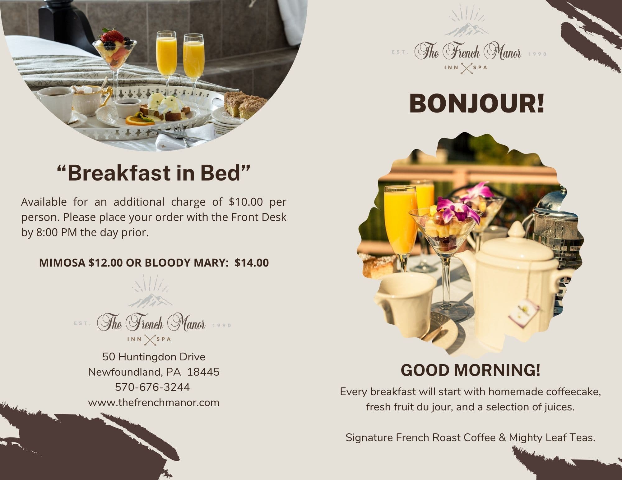 Menu for "Breakfast in Bed" featuring mimosas and Bloody Marys, with options for homemade coffeecakes and fresh fruit.