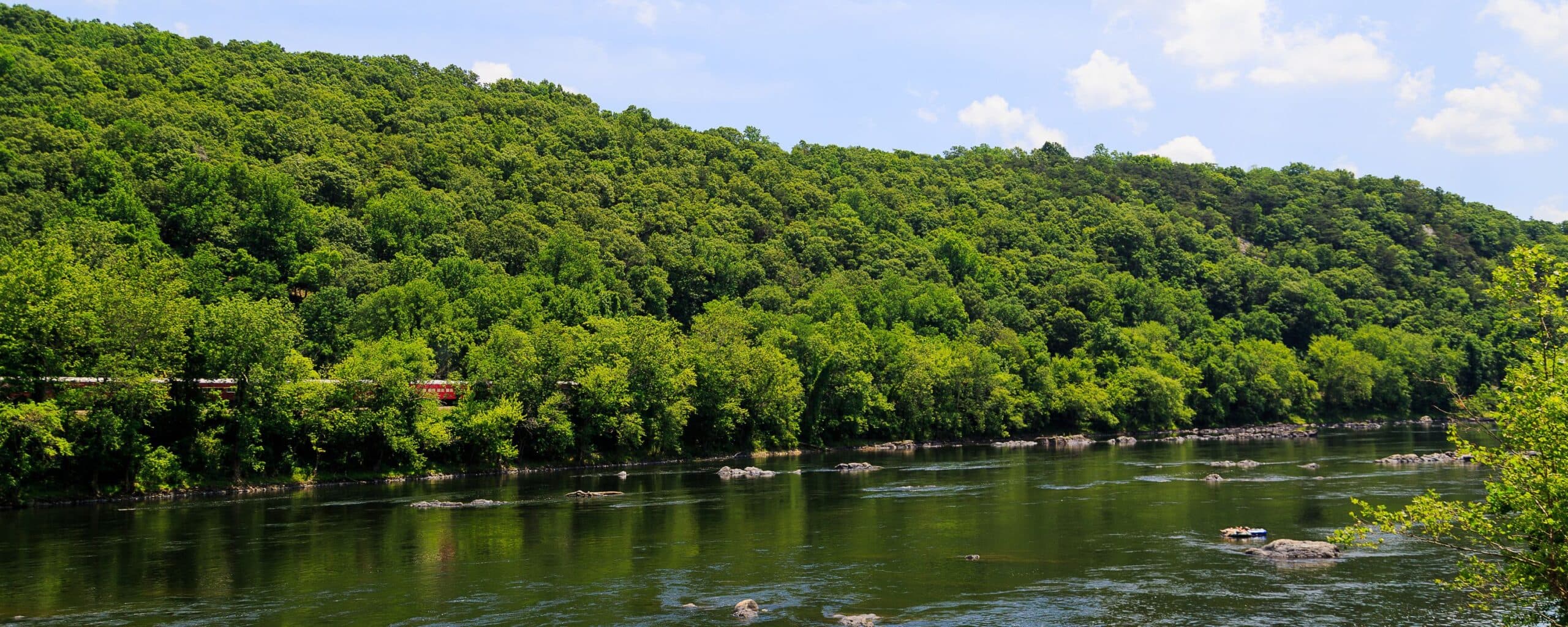 A tranquil river flows beside a lush, green hillside under a blue sky.