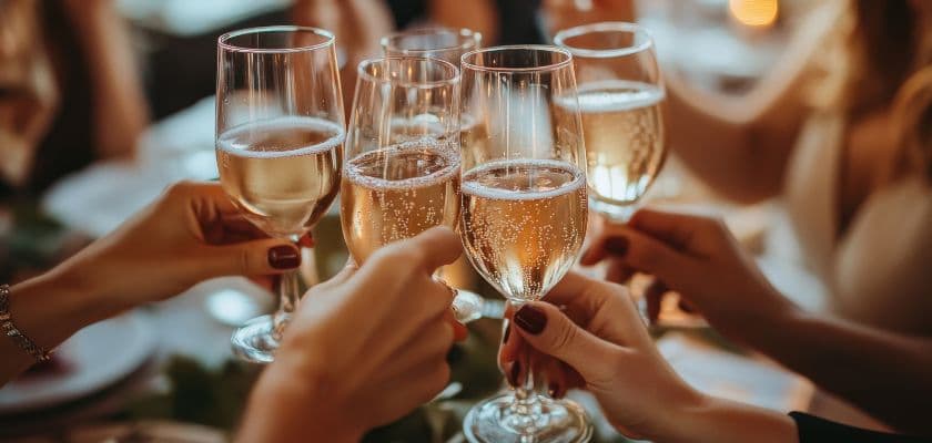 group of people raising champagne glasses in a celebratory toast